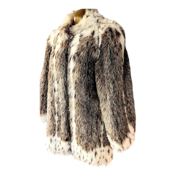 Vintage 80s Faux Fur Coat L Large White Spotted Lynx Animal Print Snow Leopard - Picture 3 of 7